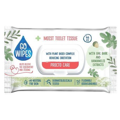 GO WIPES Toalettpapír, nedves, visszazárható tetővel, 44 db, GO WIPES "Procto Care"