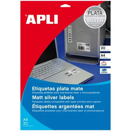APLI Etikett, 210x297 mm, poliészter, időjárásálló, APLI, ezüst, 20 etikett/csomag