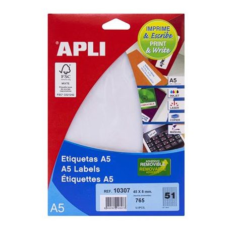 APLI Etikett, 45x8 mm, eltávolítható, ékszerekhez, A5 hordozón, APLI, 765 etikett/csomag