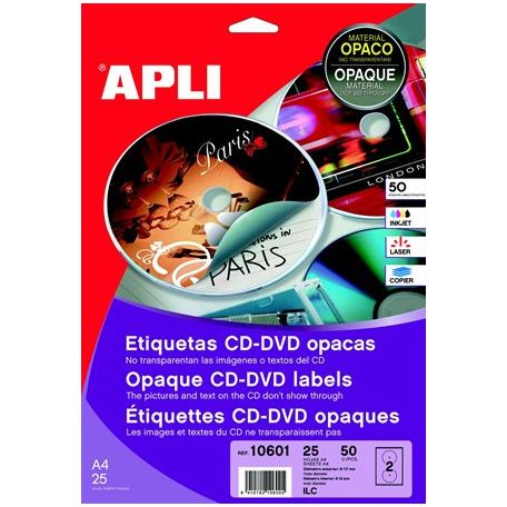 APLI Etikett, CD/DVD, A4, teljes lefedettségű, matt, APLI "Mega"