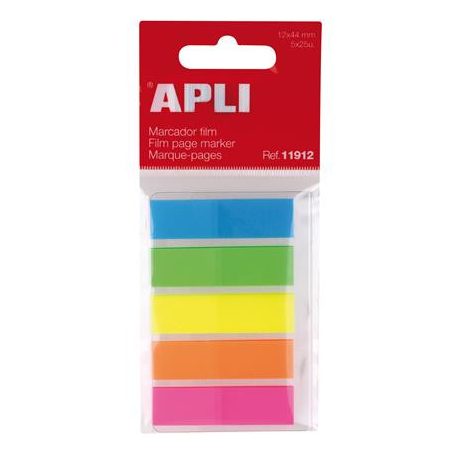 APLI Jelölőcímke, műanyag, 5x25 lap, 12x45 mm, APLI, 5 szín