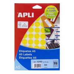   APLI Etikett, 19 mm kör, színes, A5 hordozón, APLI, sárga, 560 etikett/csomag