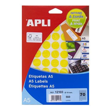 APLI Etikett, 19 mm kör, színes, A5 hordozón, APLI, sárga, 560 etikett/csomag