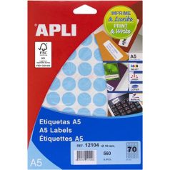   APLI Etikett, 19 mm kör, színes, A5 hordozón, APLI, kék, 560 etikett/csomag