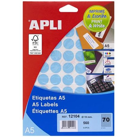 APLI Etikett, 19 mm kör, színes, A5 hordozón, APLI, kék, 560 etikett/csomag