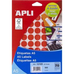   APLI Etikett, 19 mm kör, színes, A5 hordozón, APLI, piros, 560 etikett/csomag