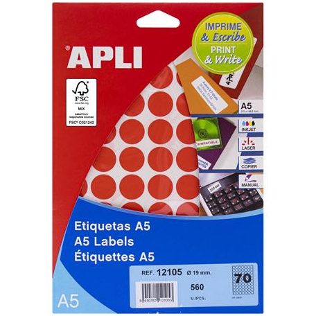 APLI Etikett, 19 mm kör, színes, A5 hordozón, APLI, piros, 560 etikett/csomag