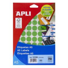   APLI Etikett, 19 mm kör, színes, A5 hordozón, APLI, zöld, 560 etikett/csomag