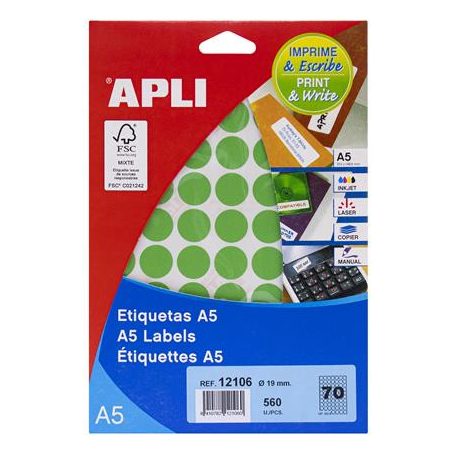 APLI Etikett, 19 mm kör, színes, A5 hordozón, APLI, zöld, 560 etikett/csomag