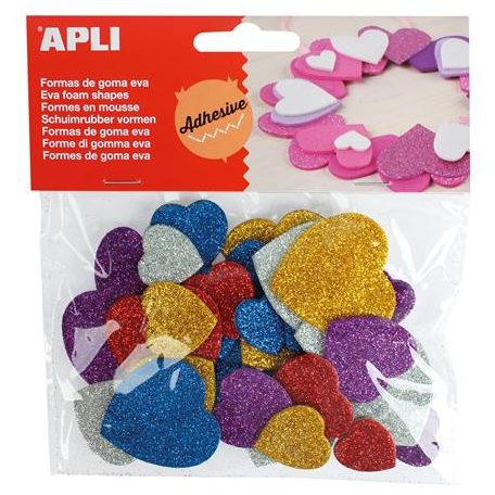 APLI Moosgumi, öntapadó, glitteres, szívek, APLI Kids "Eva Sheets", vegyes színek