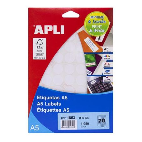 APLI Etikett, 19 mm kör, fehér, A5 hordozón, APLI, 1050 etikett/csomag