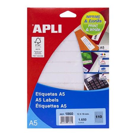 APLI Etikett, 12x18 mm, kerekített sarkú, A5 hordozón, APLI, 1650 etikett/csomag
