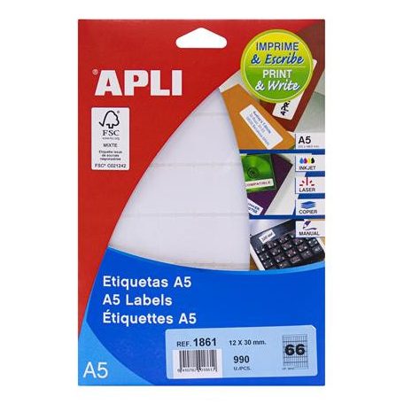 APLI Etikett, 12x30 mm, kerekített sarkú, A5 hordozón, APLI, 990 etikett/csomag