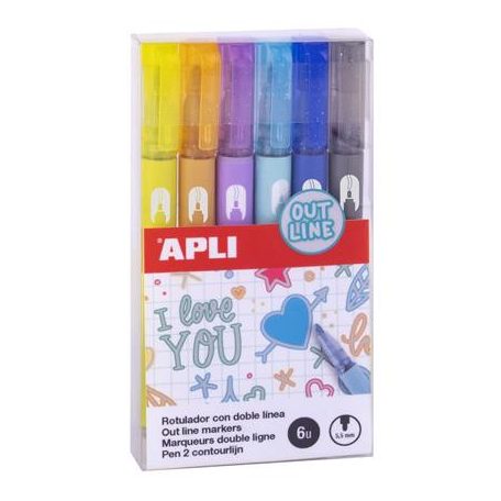 APLI Dupla vonalú metálfényű markerkészlet, 5,5 mm, APLI, 6 különböző színű kontúrral