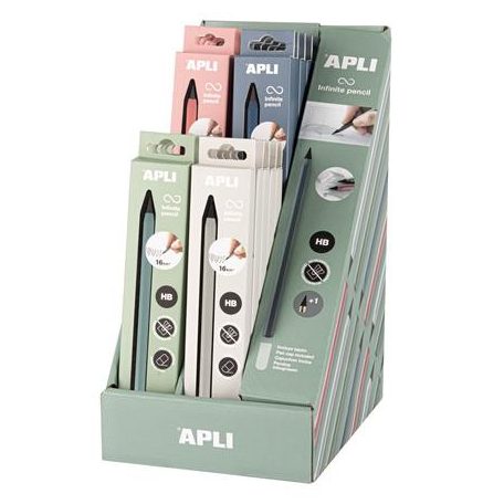 APLI Töltőceruza display, HB, hatszögletű, csereheggyel, APLI "Infinite", vegyes színek