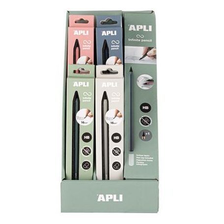 APLI Töltőceruza display, HB, hatszögletű, csereheggyel, APLI "Infinite", vegyes színek
