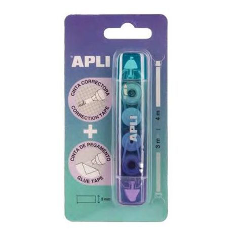 APLI Hibajavító- és ragasztóroller, 2in1, 5 mm x 4-3 m,  APLI , vegyes színek