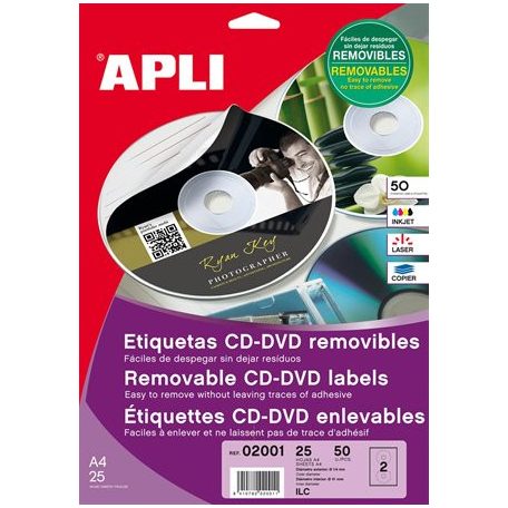 APLI Etikett, CD/DVD, A4, matt, eltávolítható, APLI