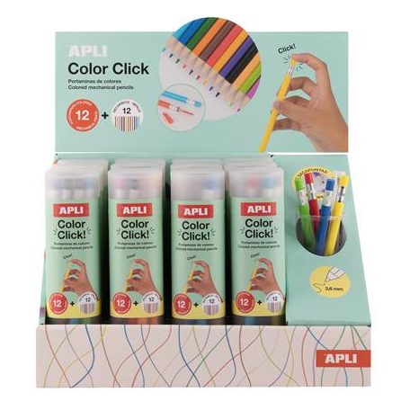 APLI Színes töltőceruza készlet, ceruzatartóban, display, APLI "Color Click", 12 szín