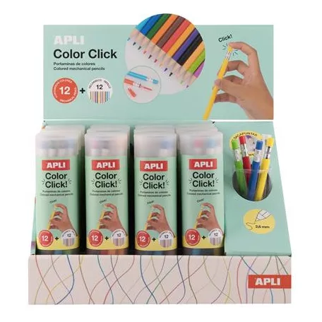 APLI Színes töltőceruza készlet, ceruzatartóban, display, APLI "Color Click", 12 szín
