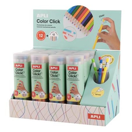 APLI Színes töltőceruza készlet, ceruzatartóban, display, APLI "Color Click", 12 szín