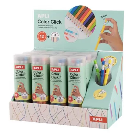 APLI Színes töltőceruza készlet, ceruzatartóban, display, APLI "Color Click", 12 szín