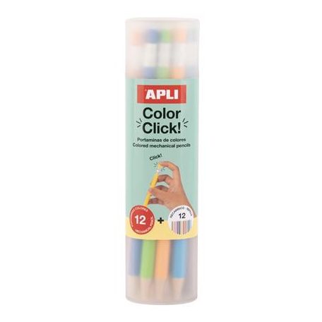 APLI Színes töltőceruza készlet, ceruzatartóban, APLI "Color Click", 12 különböző szín
