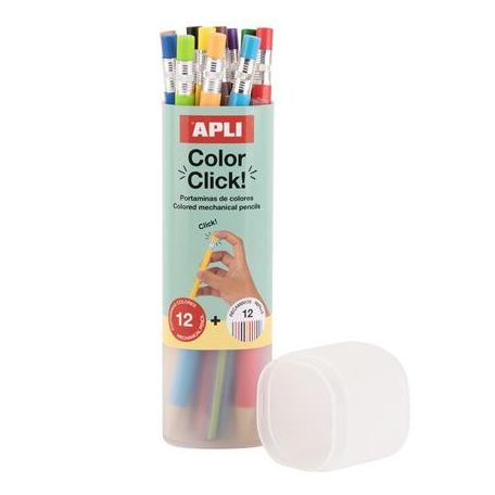 APLI Színes töltőceruza készlet, ceruzatartóban, APLI "Color Click", 12 különböző szín