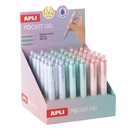 APLI Mini zseléstoll display, 0,5 mm, nyomógombos, APLI "Pocket Gel", vegyes pasztell színek