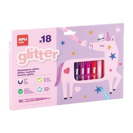 APLI Filctoll készlet, 4,8 mm, kimosható, csillámos, APLI Kids "Glitter", 18 különböző szín