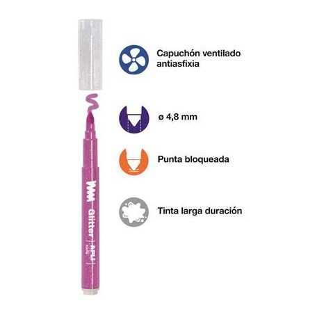 APLI Filctoll készlet, 4,8 mm, kimosható, csillámos, APLI Kids "Glitter", 18 különböző szín