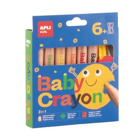 APLI Színes ceruza készlet, vastag, hegyezővel, 3 az 1-ben, APLI Kids "Baby Crayon", 6 különböző szín