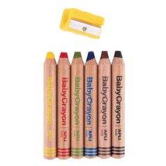   APLI Színes ceruza készlet, vastag, hegyezővel, 3 az 1-ben, APLI Kids "Baby Crayon", 6 különböző szín