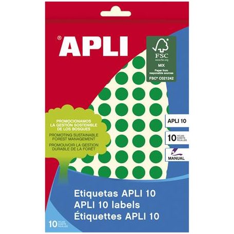APLI Etikett, 10 mm kör, kézzel írható, színes, APLI, zöld, 1008 etikett/csomag