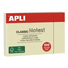   APLI Öntapadó jegyzettömb, 75x50 mm, 100 lap, APLI "Classic", sárga
