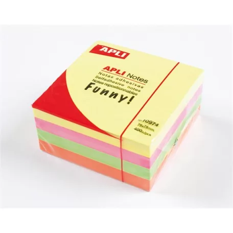 APLI Öntapadó jegyzettömb, 75x75 mm, 400 lap, APLI "Funny", neon