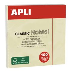   APLI Öntapadó jegyzettömb, 75x75 mm, 100 lap, APLI "Classic", sárga