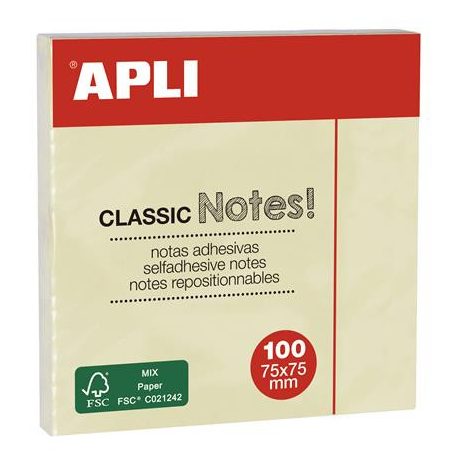 APLI Öntapadó jegyzettömb, 75x75 mm, 100 lap, APLI "Classic", sárga