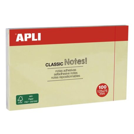 APLI Öntapadó jegyzettömb, 125x75 mm, 100 lap, APLI "Classic", sárga