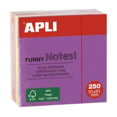   APLI Öntapadó jegyzettömb, 51x51 mm, 250 lap, APLI "Funny", neon