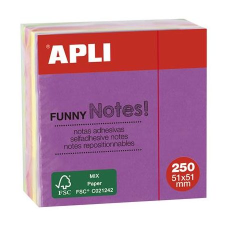APLI Öntapadó jegyzettömb, 51x51 mm, 250 lap, APLI "Funny", neon