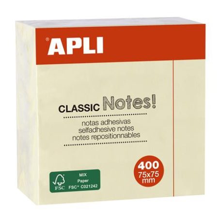 APLI Öntapadó jegyzettömb, 75x75 mm, 400 lap, APLI "Classic", sárga