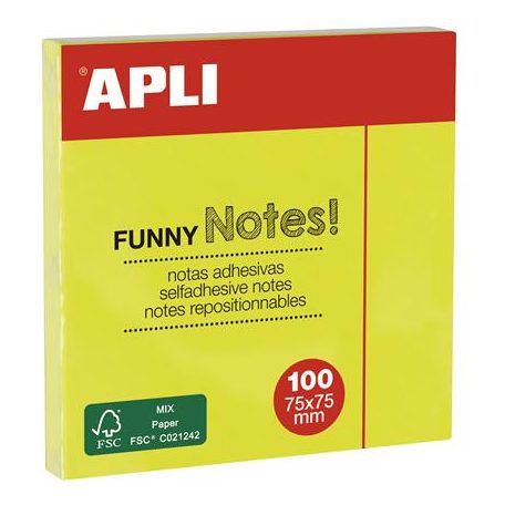 APLI Öntapadó jegyzettömb, 75x75 mm, 100 lap, APLI "Funny", neon sárga