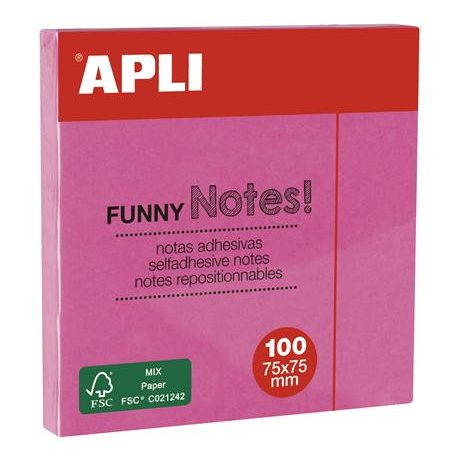 APLI Öntapadó jegyzettömb, 75x75 mm, 100 lap, APLI "Funny", neon rózsaszín