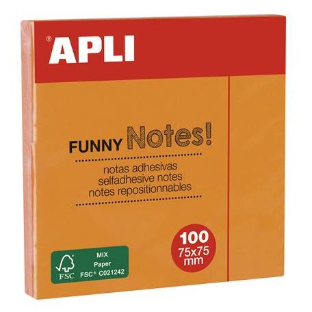 APLI Öntapadó jegyzettömb, 75x75 mm, 100 lap, APLI "Funny", neon narancs