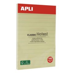   APLI Öntapadó jegyzettömb, vonalas, 100x150 mm, 100 lap, APLI "Classic", sárga