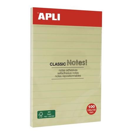 APLI Öntapadó jegyzettömb, vonalas, 100x150 mm, 100 lap, APLI "Classic", sárga
