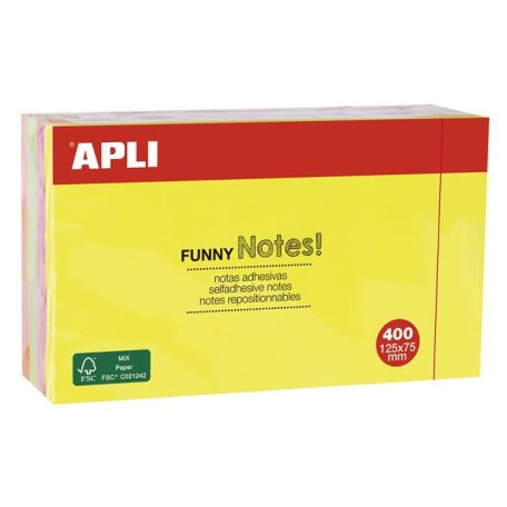 APLI Öntapadó jegyzettömb, 125x75 mm, 400 lap, APLI "Funny", neon