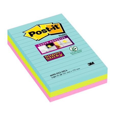 3M POSTIT Öntapadó jegyzettömb, vonalas, 3x90 lap, 101x152 mm, 3M POSTIT "Super Sticky Cosmic", vegyes színek