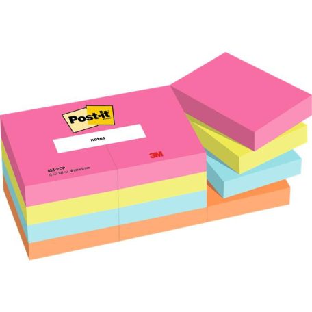3M POSTIT Öntapadó jegyzettömb, 38x51 mm, 12x100 lap, 3M POSTIT "Poptimistic", vegyes színek